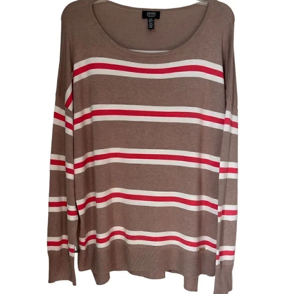 Jones New York Women’s Tan Red Stripes Long Sleeve Fall Cozy Soft sweater XL